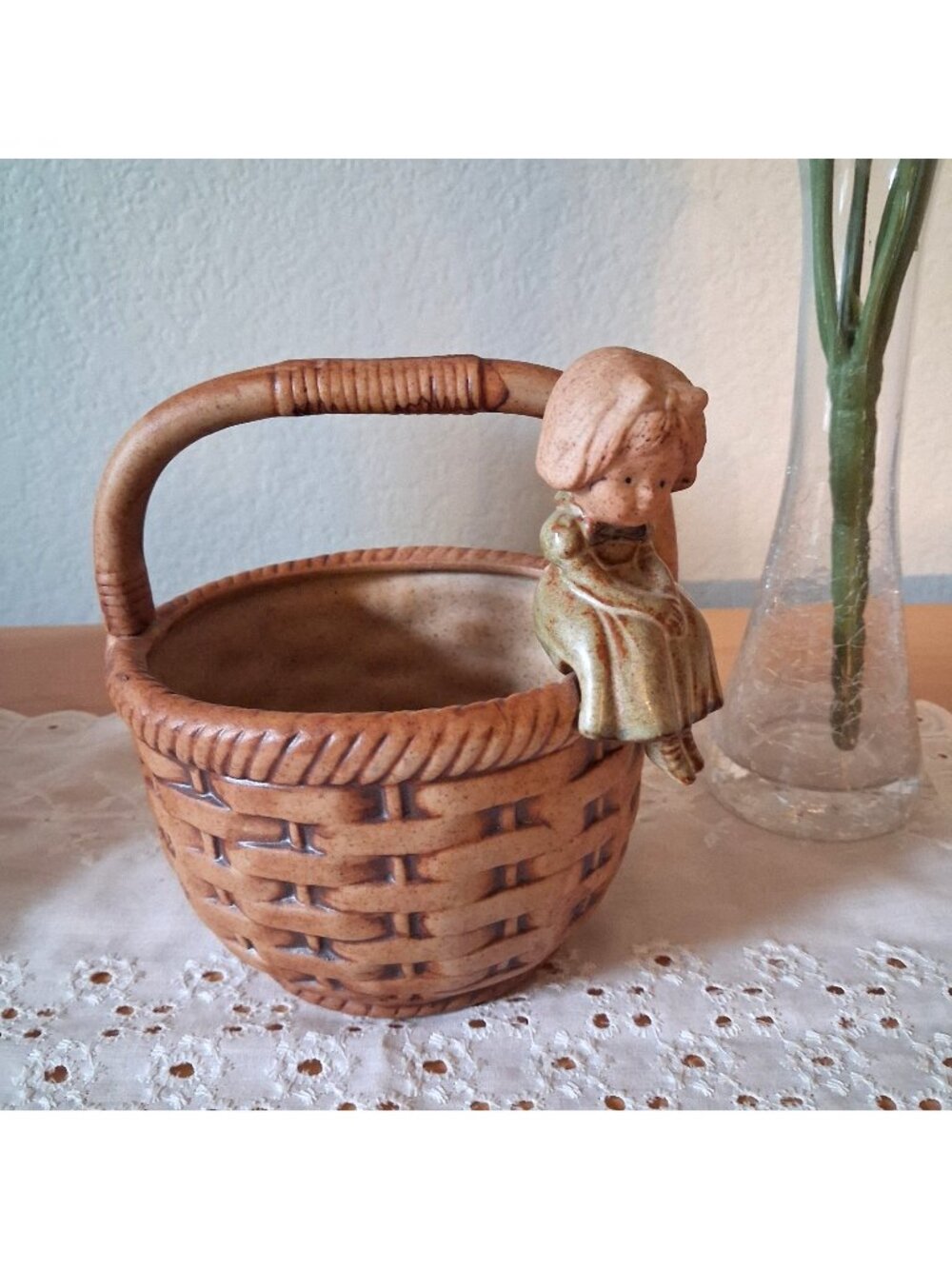 Vintage Ceramic Basket Planter with Girl UCTCI Japan